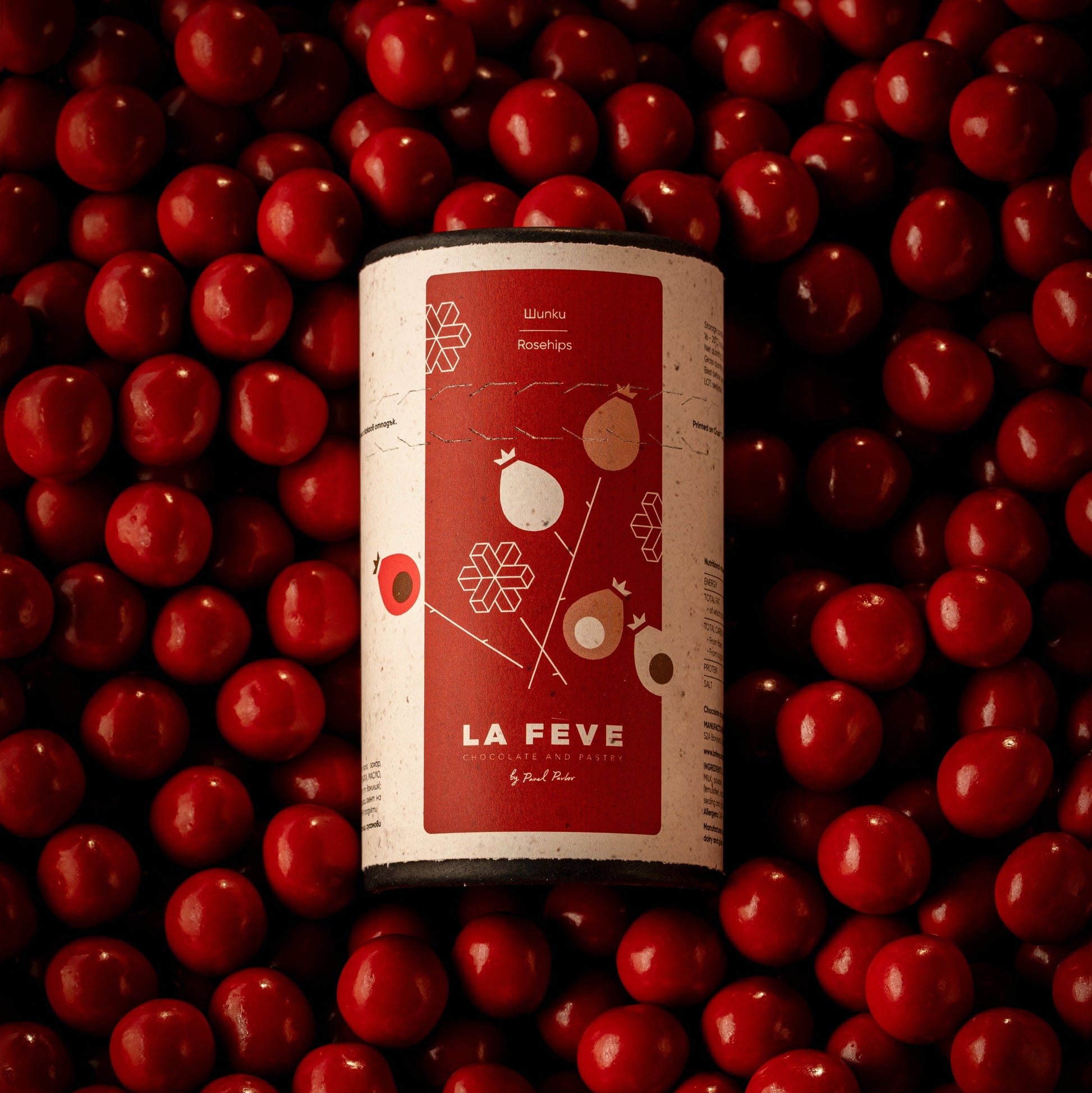 Chocolate Tube packaging labeled 'La Fève' surrounded by red rosehip fruits