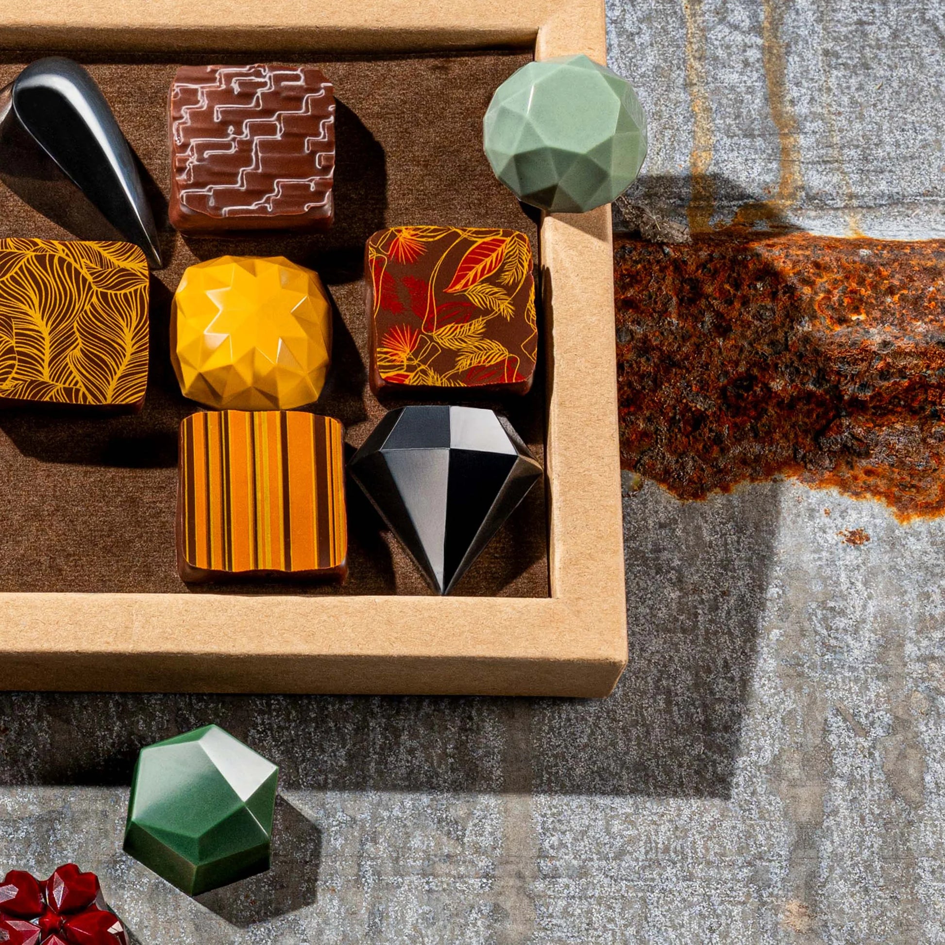 La feve's 18 assorted colorful chocolates close up