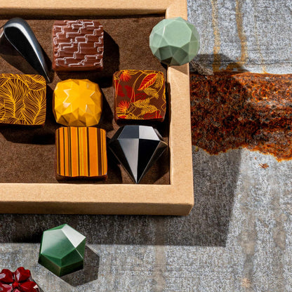 La feve's 18 assorted colorful chocolates close up