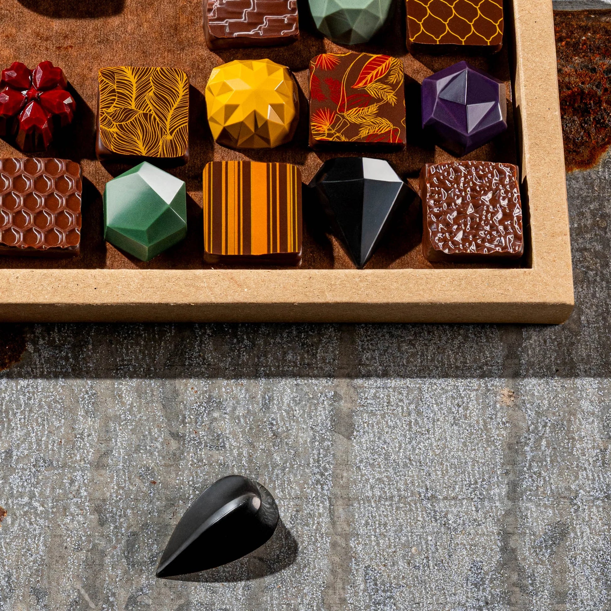 Gemstone like chocolate pieces close up