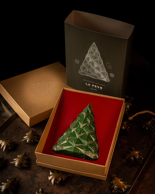 Green crystal triangle tree shaped chocolate in a red box with 'La Feve' packaging on a dark background