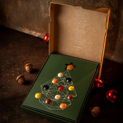 Open box of 12 christmas chocolate with a geometric design on a dark surface with acorns