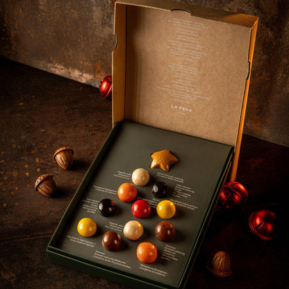 Assorted Christmas chocolate truffles in a box on a dark surface with a rustic background