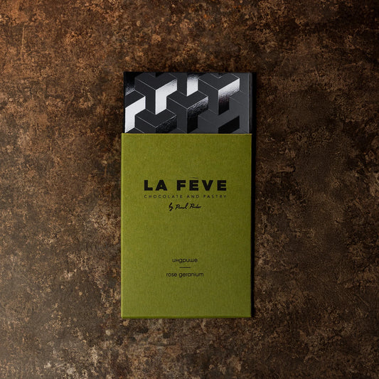Green chocolate bar packaging on a textured brown background